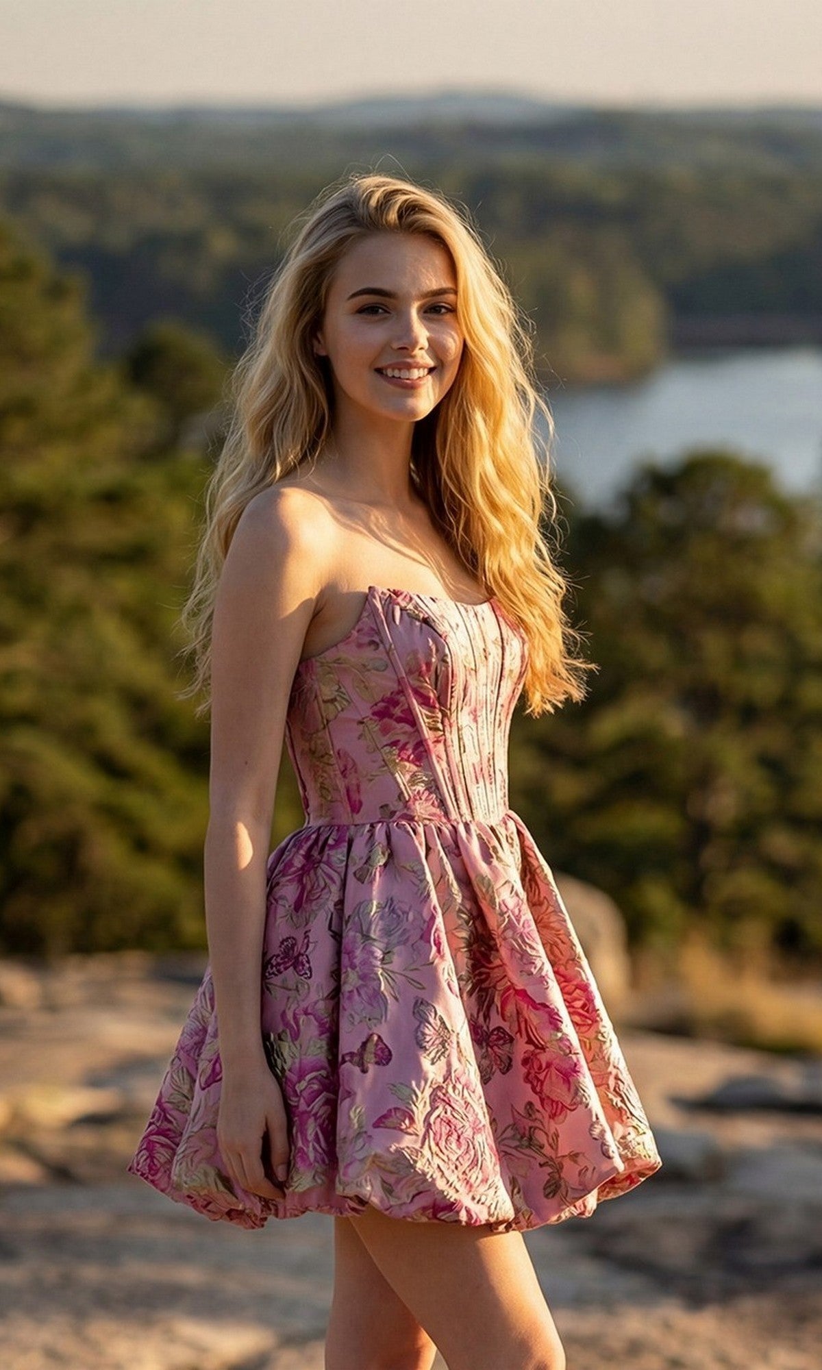 A woman wearing the Juliet JT7156H Short Homecoming Dress stands outdoors on a rocky area, with trees and a body of water in the background.